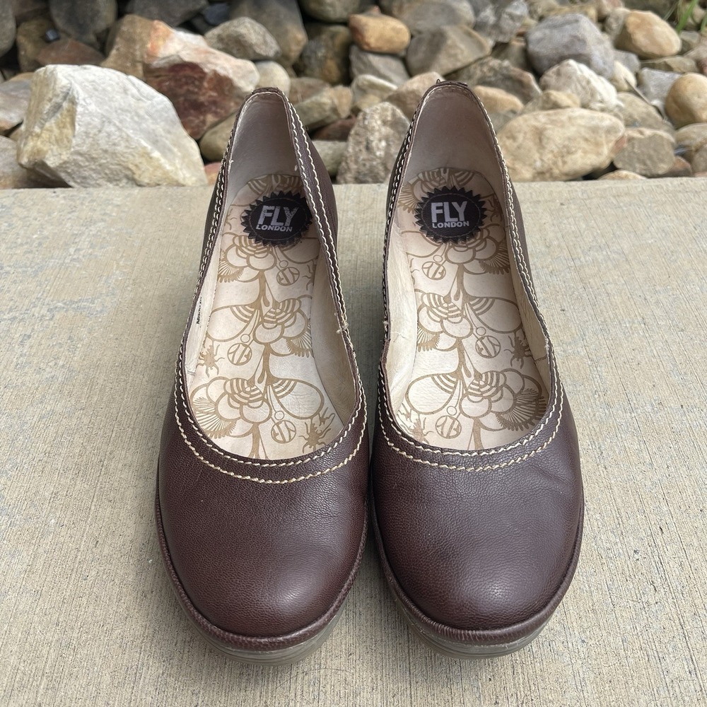 Fly London Yoni Shoes Women Brown Leather Wedge Heel Slip On Sz 42 US 11/11.5